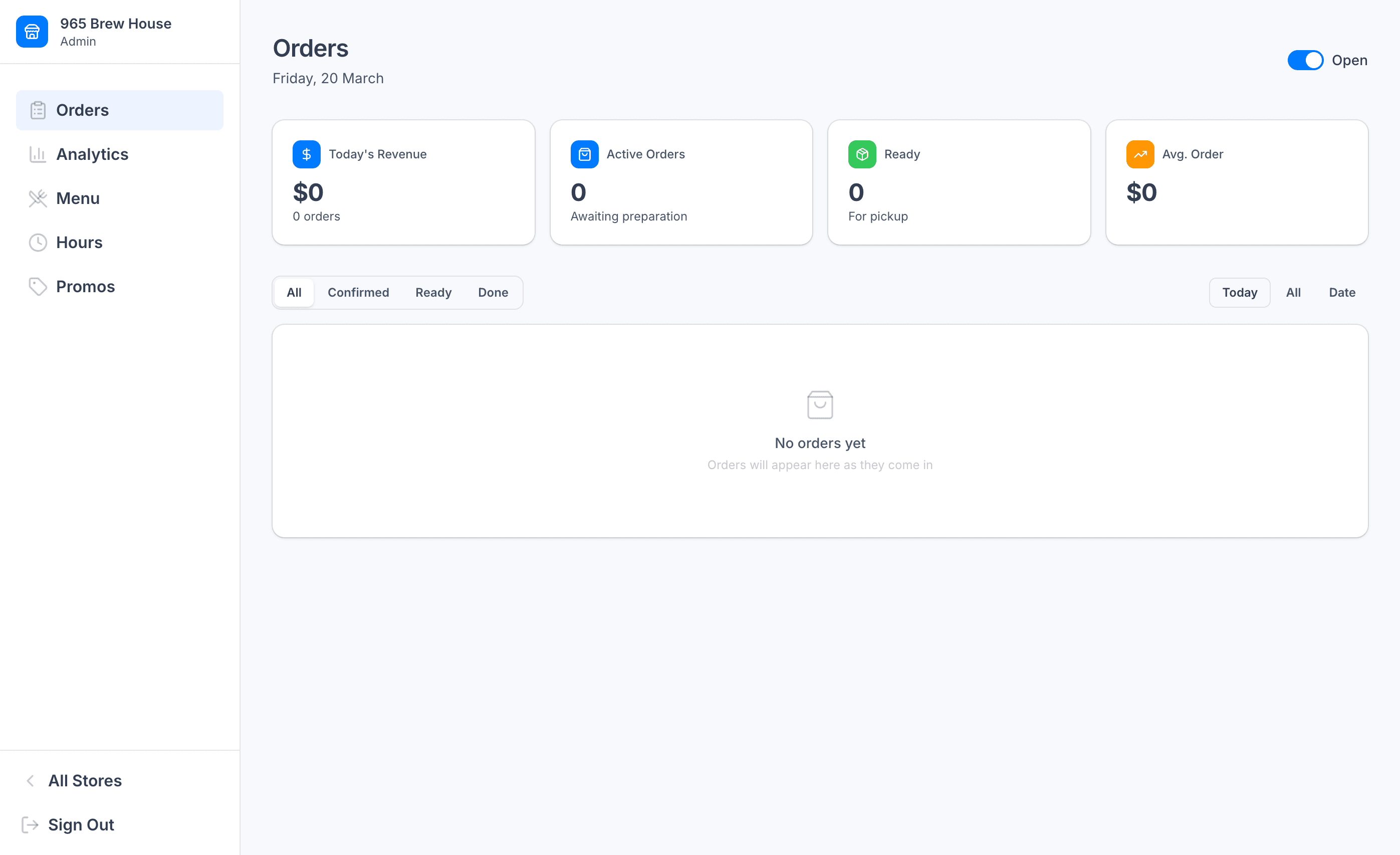 Admin dashboard showing live orders coming in